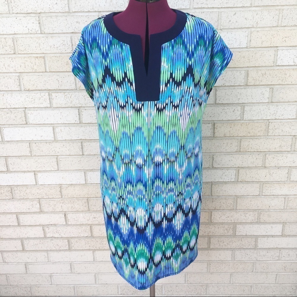 NWT Laundry Dress Size Medium Blue Green Geo Striped Design Shift